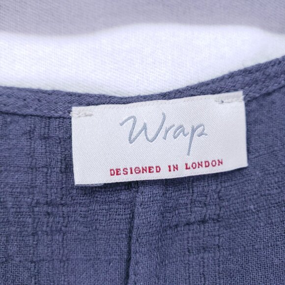 Wrap Designed in London Blue Gray Linen Blend Embroidery Wrap Mid Dress 8 - Picture 2 of 16